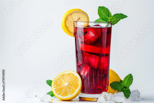 A tall glass of iced hibiscus tea with a lemon slice and mint leaves, a floral and invigorating summer beverage choice isolated on solid white background.