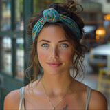 femme occidentale brune au yeux bleu qui regarde par dessus son épaule et qui sourie, elle porte un bandeau large couleur émeraude dans les cheveux, elle marche dans les rue de new york en été.