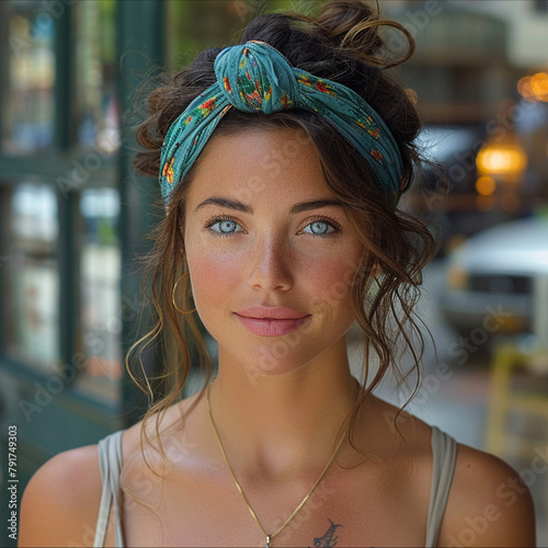 femme occidentale brune au yeux bleu qui regarde par dessus son épaule et qui sourie, elle porte un bandeau large couleur émeraude dans les cheveux, elle marche dans les rue de new york en été. photo