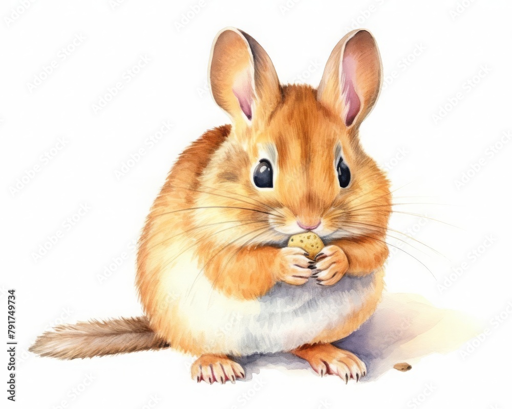 Curious chipmunk stuffing cheeks with acorns, fluffy fur and busy paws, isolated on white background, watercolor