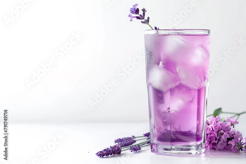 A tall glass of iced lavender lemonade with a sprig of lavender  a floral and refreshing summer beverage to enjoy isolated on solid white background.