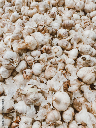 Top view of garlic exposed in a supermarket. Close up of organic food.