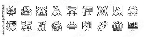 Business training, presentation and workshop icon set. Containing training, education, meeting, coaching, communication, discussion, learning, teaching, conference, briefing, interview vector