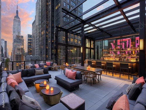 A rooftop bar with a view of the city skyline. The bar is filled with couches and chairs, and there are several tables with drinks and snacks. The atmosphere is lively and inviting
