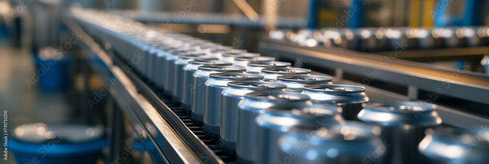 A conveyor belt with soda cans moves along the street. Canned beverage production process A conveyor belt with soda cans moves along the street. Canned beverage production process