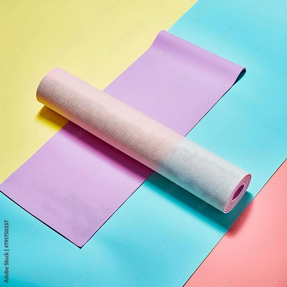 A pink yoga mat is laying on a pink surface. The mat is rolled up and unrolled A pink yoga mat is laying on a pink surface. The mat is rolled up and unrolled