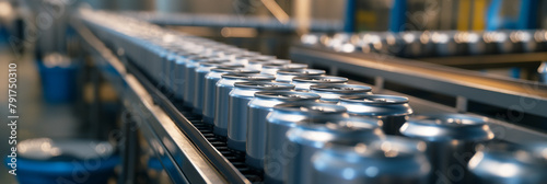 A conveyor belt with soda cans moves along the street. Canned beverage production process
