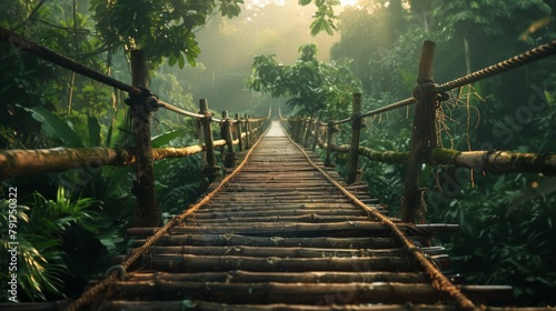 Enchanting sunrise over a serene jungle suspension bridge invites adventure and exploration