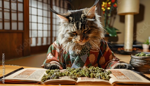 Thoughtful Maine Coon Cat in Traditional Kimono Browsing Book of Catnip Recipes photo