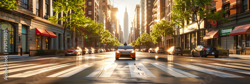 Busy Manhattan Street with Yellow Taxis, Urban Traffic and Iconic New York Cityscape photo