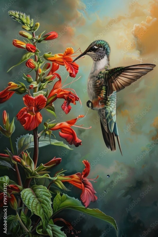 Fototapeta premium Hummingbird Feeding on Flower Against Cloudy Sky in Vibrant Painting Artwork Nature Background