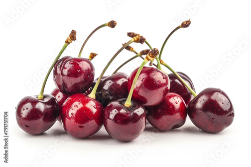 A cluster of ripe cherries with stems still attached, their deep red color symbolizing the abundance of summer fruits isolated on solid white background.