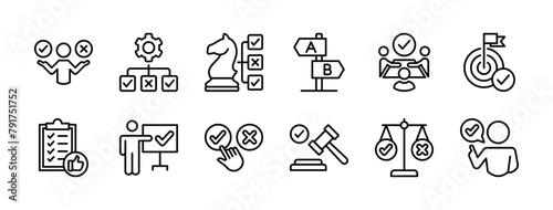 Business decision thin line icon set. Containing choice, arrow, meeting, option, advice, strategy, opportunity, direction, plan, checklist, choose, goal, solution, career, success, legal hammer, law photo