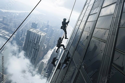 A group of people, known as VetalVit, are seen climbing up the side of a tall building using rappelling techniques. photo
