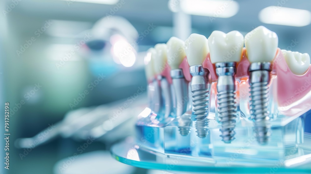 Close-up view of dental implants on a model demonstrating oral health care and dental procedures. Close-up view of dental implants on a model demonstrating oral health care and dental procedures.