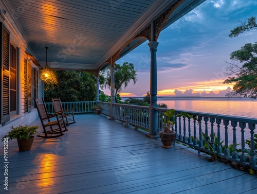 A beautiful sunset over a body of water with a house and a porch. The porch has two rocking chairs and a potted plant