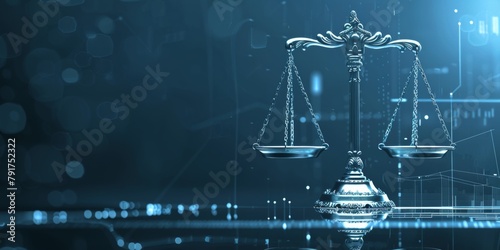 Digital representation of balanced justice scales with a cybernetic background in shades of blue. photo