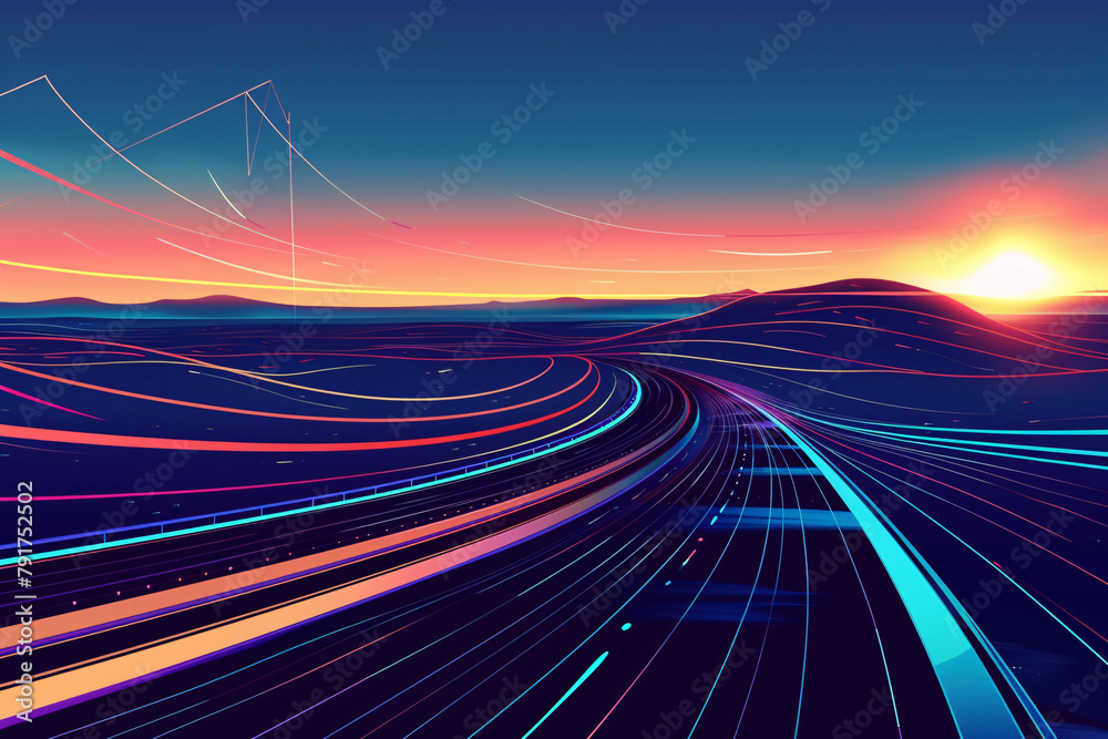 Cyber landscape with sun setting and digital mountains Cyber landscape with sun setting and digital mountains