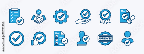Set of approved and certified icon. Containing validation, quality, agreement, badge medal, licence, checkmark, selection, accept, stamp, thumbs up, decision, document, service, permission vector