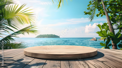 An empty podium design in wooden, Relax on a Maldivian beach with turquoise water, chairs, and a clear sky stretching to the horizon, editable photography. photo
