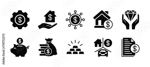 Assets icon set. Financial business management. Containing accounting, wealth, property, savings, jewellery, certificate document, money, vehicle, insurance. Vector illustration