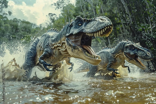 Running Dinosaurs jumping over the camera in a river with splashes. T Rex in action speed scene