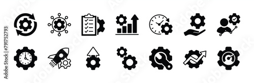 Productivity icon set. Containing growth graph, efficiency, time, project management, operation, optimize, achieve, process, service, industrial, deadline, performance, organisation vector