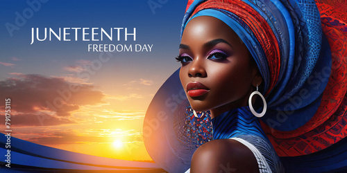 African American woman wearing an African turban with Juneteenth flag colors. Juneteenth. Freedom and equality concept. Black history month.