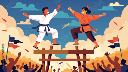 In a dramatic finale two martial artists engage in a highflying battle atop a wooden scaffold as the crowd cheers in excitement.