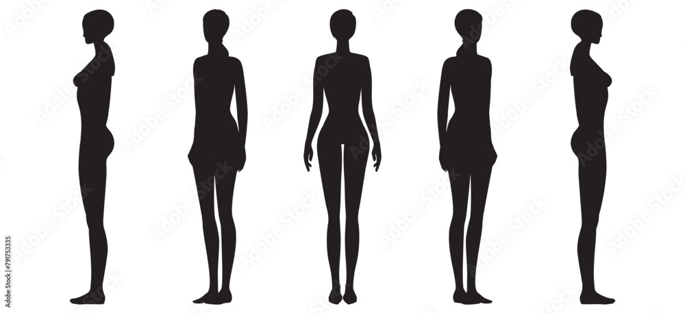 Woman body. Full-length standing portrait. Set of body-positive female. Five angles figure front, 3 of 4, side views shape. Vector fashion silhouette outline line illustration Woman body. Full-length standing portrait. Set of body-positive female. Five angles figure front, 3 of 4, side views shape. Vector fashion silhouette outline line illustration