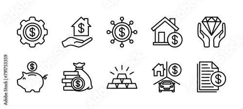 Assets thin line icon set. Financial business management. Containing accounting, wealth, property, savings, jewellery, certificate document, money, vehicle, insurance. Vector illustration