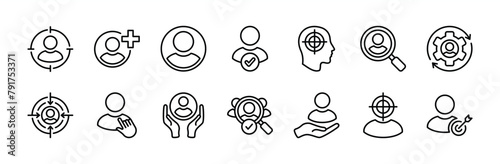Employee recruitment thin line icon set. Hiring people. Containing headhunting, selected, pointing, choice, manage, search, add, target, job, candidate, human resource, partnership vector illustration
