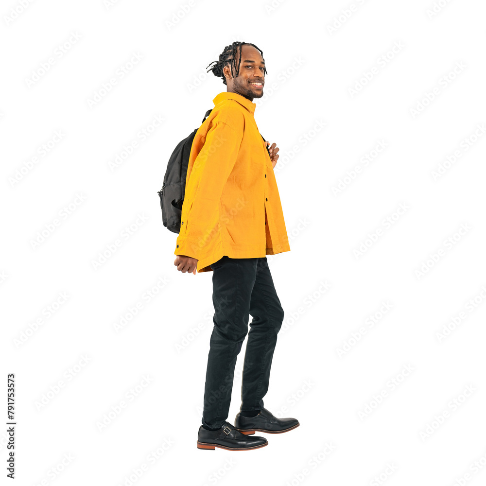 Full body photo of a black man looking back. Full body photo PNG with transparent background precisely cut out with clipping path.