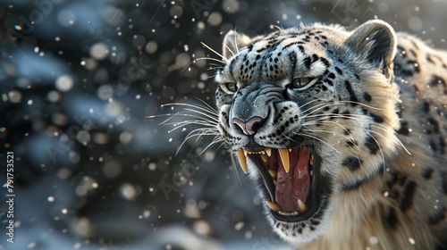 Intense snow leopard snarl captured amidst a flurry of snowflakes, showcasing wildlife fierceness