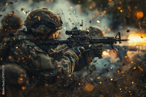 A soldier is seen holding a gun during a firefight with Counter Insurgency forces engaged in combat. © Vit