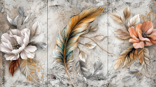 Marble background with feather and floral design. Wall art panels