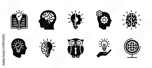 Knowledge icon set. Containing book, mind, thinking, cognition, brain, light bulb, education, globe, owl, creativity, idea, imagination, intelligence, clever, genius. Vector illustration