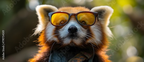 Red Panda (Ailurus) with really cool sunglasses, green background photo