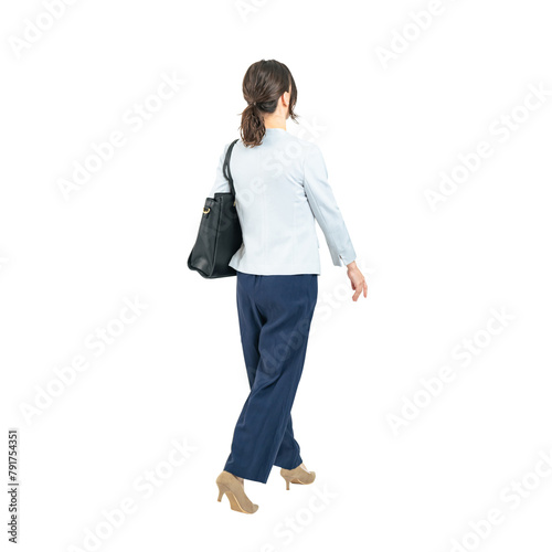 Full body photo of a Caucasian female business person walking. Full body photo PNG with transparent background precisely cut out with clipping path.