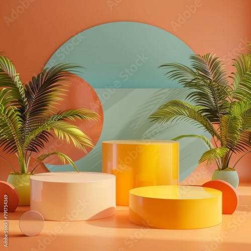 Three Colorful Podiums With Different Heights For Product Presentation, Summer-Themed  Scenario With Palm Trees © Rafael