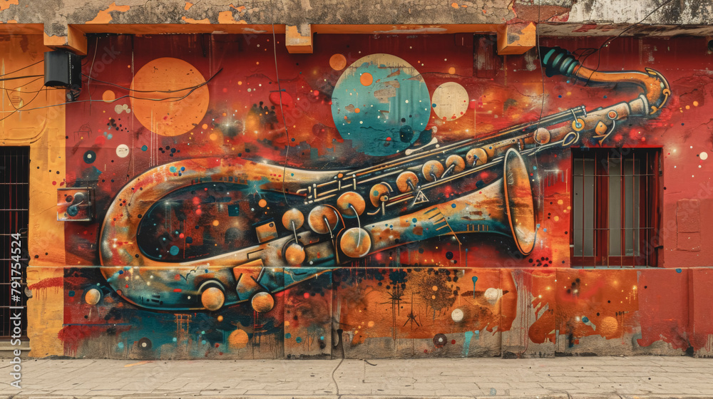 Naklejka premium Trumpet painted on an old building, graffiti in vintage street style.