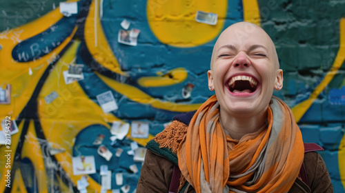 A woman joyfully laughing, wearing a vibrant orange scarf