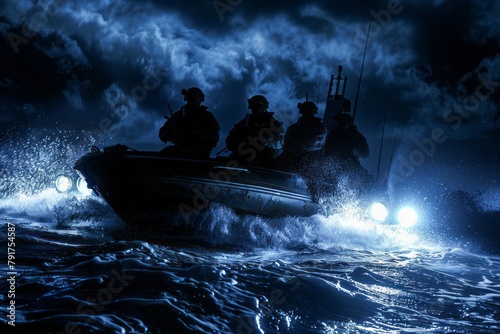 A group of VetalVit Special Forces operatives are seen riding on the back of a boat at high speed in the ocean.