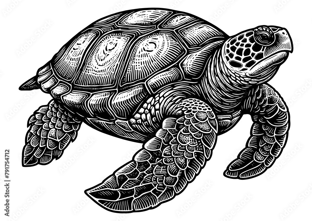 Fototapeta premium Sea turtle sketch engraving generative ai fictional character PNG illustration. Scratch board imitation. Black and white image.