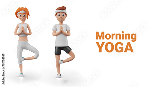 Morning yoga. Man and woman standing in tree pose. People do physical exercises