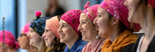 A lineup of women with vibrant headscarves in various colors and patterns