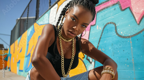 woman rapper crouching in a gangsta pose against graffiti wall, generative ai photo