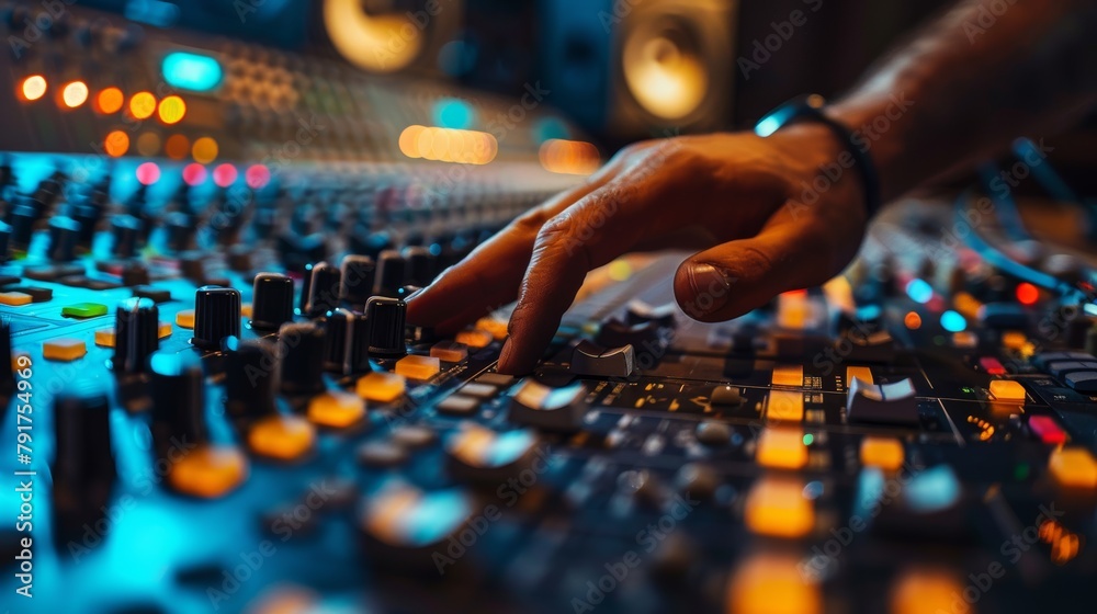 Audio engineer's hand fine-tuning music on a professional mixing console with AI generative precision