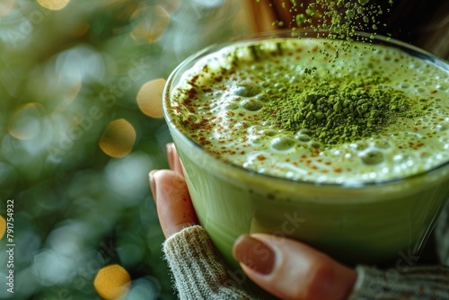 Matcha green tea latte in a glass cup being held by a woman's hand.