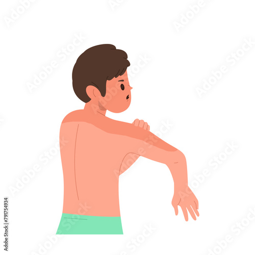 Upset boy child cartoon character suffering from sunburned skin on shoulders isolated on white